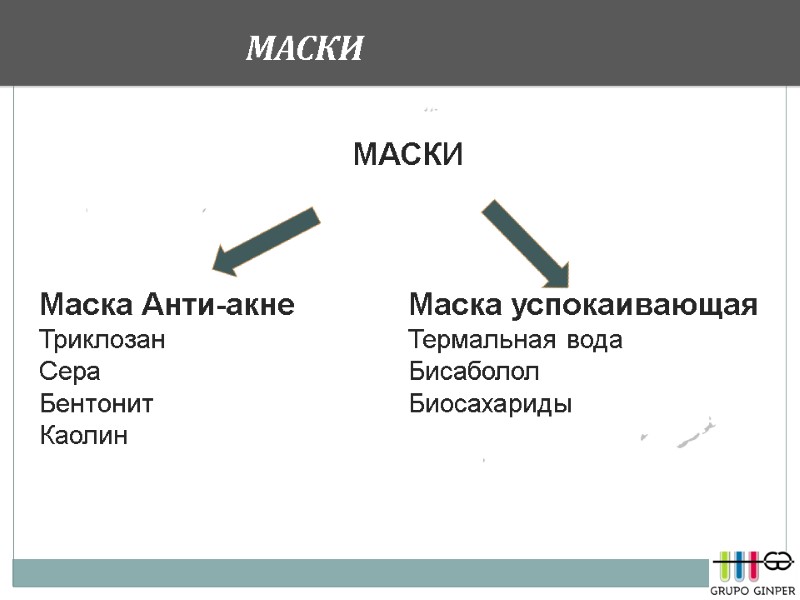 МАСКИ    МАСКИ  Маска успокаивающая Термальная вода Бисаболол  Биосахариды 